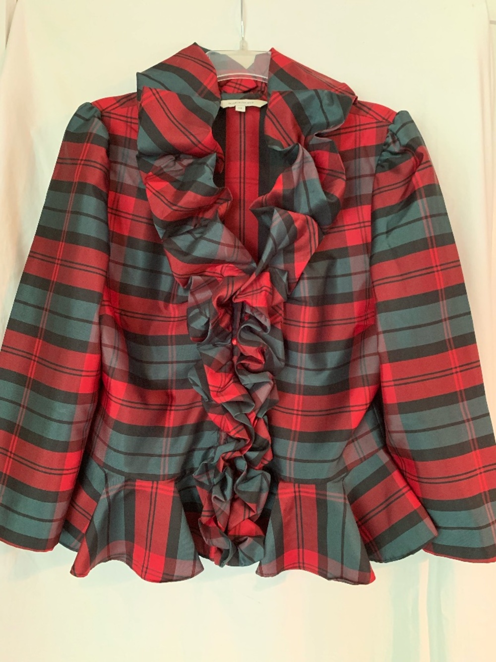 Boston Proper red & green 'Ruffle Collar Festive Plaid Blouse'